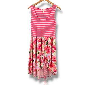 Matilda‎ Jane Dress Floral Striped Sleeveless Hi-Lo Drawstring Casual M